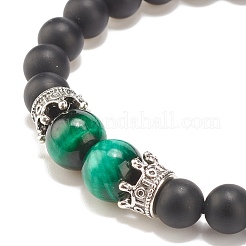 Bracelet tressé en perles d'agate noire givrée naturelle (teinte et chauffée) et œil de tigre avec couronne en alliage&nbsp;BJEW-JB08249-04