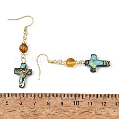 Ohrringe mit Kreuzmotiv aus natürlichem Bernstein und Abalone-/Paua-Muschel&nbsp;EJEW-JE07359