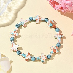 5 bracciale elastico con perline rotonde e croce in turchese sintetico&nbsp;BJEW-JB12341