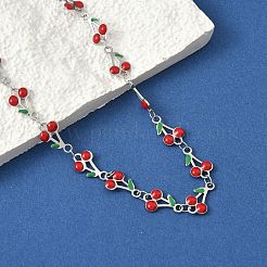 304 нержавеющая сталь эмалированная красная вишня звенья цепи ожерелья для женщин&nbsp;NJEW-K249-23G