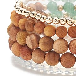 5pcs 5 style bois naturel et ensemble de bracelets extensibles en perles de pierre mélangées&nbsp;BJEW-JB08823