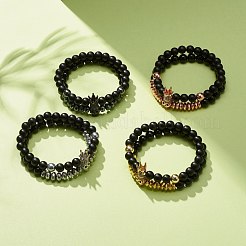 2 pz 2 bracciali elastici in ematite sintetica e pietra nera e ossidiana naturale con teschio in zirconia cubica&nbsp;BJEW-JB08120