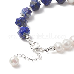 Braccialetto di fascino del cuore di lapislazzuli naturali con catene di perline di perle naturali per le donne&nbsp;BJEW-TA00255-01