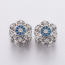 Messing Mikro ebnen Zirkonia European Beads, Großloch perlen, Blume, klares Blau, Platin Farbe, 11x10x8.5 mm, Bohrung: 4 mm