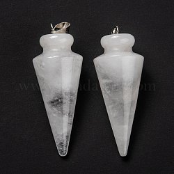 Pendentifs de cristal de quartz naturel, pendentifs en cristal de roche, avec les accessoires en laiton de platine, cône, 40~44x15~16mm, Trou: 3x7mm