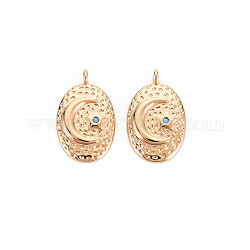 Brass Micro Pave Cubic Zirconia Pendants, Nickel Free, Oval with Moon & Starl, Real 18K Gold Plated, 16x9.5x2.5mm, Hole: 1.2mm