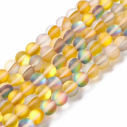 Chapelets de perles en pierre de lune synthétique, mat, ronde, verge d'or, 8mm, Trou: 1mm, Environ 43~47 pcs/chapelet, 14.37''~15.08'' (36.5~38.3 cm)