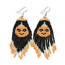 Glass Seed Braided Pumpkin Chandelier Earrings, Chain Tassel Alloy Halloween Earrings for Women, Orange, 83mm, Pin: 0.6mm