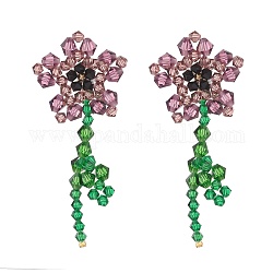 Aretes colgantes flor de la vida de cristal austriaco de imitación, aretes colgantes con cuentas de vidrio, púrpura, 75x30mm, pin: 0.6 mm
