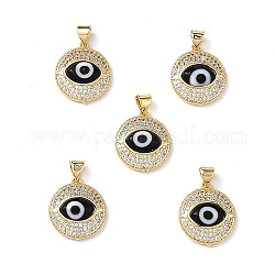 Real 18K Gold Plated Brass Clear Cubic Zirconia Pendants, Flat Round with Lampwork Evil Eye Charms, Lead Free & Cadmium free, Black, 19x16.5x5mm, Hole: 4mm