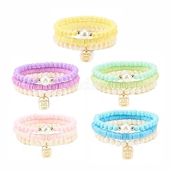 3pcs bracelets extensibles heishi surfeur en argile polymère faits à la main sertis de perles de verre, bracelets preppy avec breloques en alliage pour femmes, couleur mixte, diamètre intérieur: 2-1/8 pouce (5.5 cm)