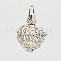 Filigrane coeur en laiton cage pendentifs, pour faire des colliers à pendentif carillon, platine, 35mm, 29x25x20mm, Trou: 6x6mm, 18 mm de diamètre intérieur 
