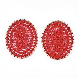 Grandes décorations de pendentif tissées de polyester, avec les accessoires en fer, ovale avec des fleurs, or clair, rouge, 52.5x42x2mm