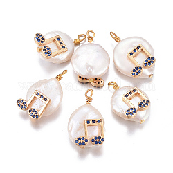 Natural Cultured Freshwater Pearl Pendants, with Brass Micro Pave Cubic Zirconia Findings, Nuggets with Musical Note, Golden, Dark Blue, 17~26x11~16x5~11mm, Hole: 1.6~2mm