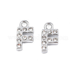 304 Stainless Steel Charms, with Crystal Rhinestone, Letter, Letter.F, 10~10.5x2~8x2mm, Hole: 1.2mm