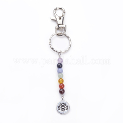Tibetan Style Alloy Keychain, with Natural Gemstone Beads, Iron Key Rings and Alloy Swivel Lobster Claw Clasps, Flat Round with Lotus, Mixed Color, 130mm