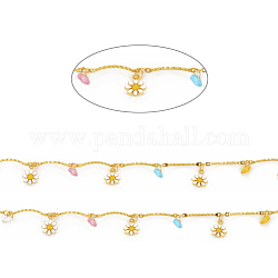 3.28 Feet Handmade Brass Scalloped Bar Chains, Soldered, with Glass Beads & Enameled Flower Charms, Long-Lasting Plated, Real 18K Gold Plated, Colorful, Link: 18x1.8x3mm, Heart: 5x5x2.8mm, Flower: 10x7x2mm