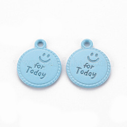 Spray Painted Alloy Pendants, Cadmium Free & Lead Free, Flat Round with Word For Today, Light Sky Blue, 17x14x1.5mm, Hole: 1.8mm