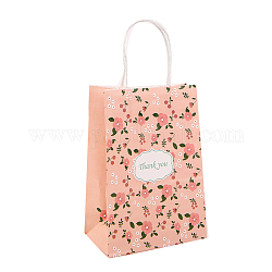 Sacs en papier kraft, avec une poignée, sacs-cadeaux, sacs à provisions, rectangle avec motif de fleurs, corail lumière, 15x8x21 cm