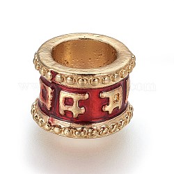 Legierung Emaille-Perlen, Säule mit om mani padme hum, golden, rot, 12x8.5 mm, Bohrung: 7 mm