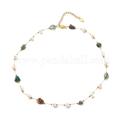 Collar de cuentas de perlas y ágata de musgo natural, joyas de acero inoxidable chapado en oro para mujer., 15.98~16.14 pulgada (40.6~41 cm)