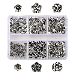 120pcs 6 perles de fleurs en alliage de style tibétain, argent antique, 4.5~7.5x3~4mm, Trou: 1~1.5mm, 20 pièces / style