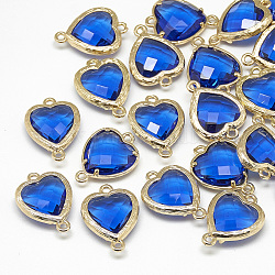 Conectores de enlaces de vidrio, con fornituras de latón de tono de oro, facetados, corazón, azul, 15x10x3mm, agujero: 1 mm