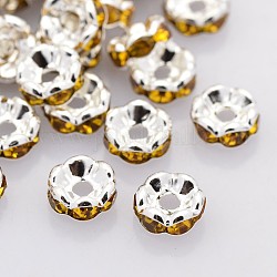 Brass Rhinestone Spacer Beads, Grade AAA, Wavy Edge, Nickel Free, Silver Color Plated, Rondelle, Topaz, 8x3.8mm, Hole: 1.5mm