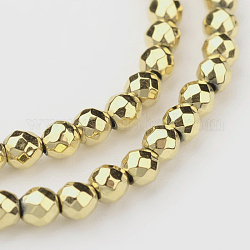 Eco-Friendly Long-Lasting Plated Non-magnetic Synthetic Hematite Smooth Beads Strands, Faceted Round, Golden Plated, 4mm, Hole: 1mm, about 100pcs/strand, 15.5 inch