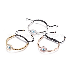 Bracelets tressés réglables en 304 acier inoxydable avec perles, avec cordon en nylon et laiton, micro-pavé de zircon émail, mauvais œil, couleur mixte, 1-3/4 pouce ~ 3-1/8 pouces (4.5~8 cm)