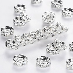 Brass Rhinestone Spacer Beads, Grade AAA, Wavy Edge, Nickel Free, Silver Color Plated, Rondelle, Crystal, 7x3.2mm, Hole: 1.2mm