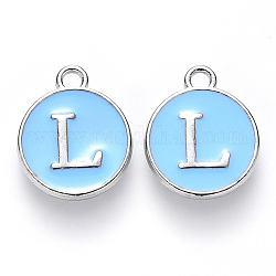 Platinum Plated Alloy Enamel Charms, Cadmium Free & Lead Free, Enamelled Sequins, Flat Round with Letter, Sky Blue, Letter.L, 14x12x2mm, Hole: 1.5mm