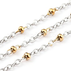 Zweifarbige 304-Edelstahl-Kabelketten, mit Spule & runden Perlen, gelötet, goldenen und Edelstahl Farbe, 3x2x1 mm, 32.8 Fuß (10m)/Rolle