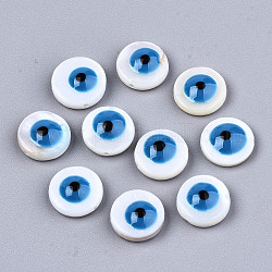 Cuentas de concha naturales de agua dulce, con esmalte, plano y redondo con mal de ojo, azul dodger, 9x3.5mm, agujero: 0.8 mm