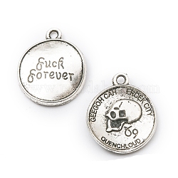 Tibetan Style Alloy Pendants, Flat Round with Skull & Word, Antique Silver, 20x17x3mm