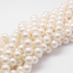Cuentas perlas de concha de perla, Grado A, redondo, blanco floral, 14mm, agujero: 1 mm, aproximamente 28~29 pcs / cadena, 16 pulgada