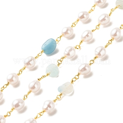 Éclats d'aigue-marine naturelle et chaînes de perles de perles abs, avec les accessoires en laiton plaqué or, Plaqué longue durée, soudé, avec bobine, 15~16x6.5x5mm, 15x4.5~5.5x3.5~4mm