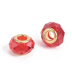 Perles européen en verre à facettes, Perles avec un grand trou   , avec un noyau de couleur dorée, rondelle, rouge, 13.5~14x8.5~9mm, Trou: 5mm