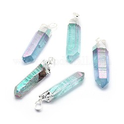 Pendentifs pointus en cristal de quartz naturel à facettes, avec accessoires en laiton, de couleur plaquée ab , balle, couleur argentée, turquoise moyen, 42~49x10~13x8~11mm, Trou: 5x8mm