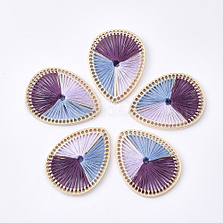 Tri-color Polyester Thread Woven Pendants, with Golden Plated Alloy Findings, Long-Lasting Plated, Teardrop, Purple, 36x27x3mm, Hole: 0.8mm