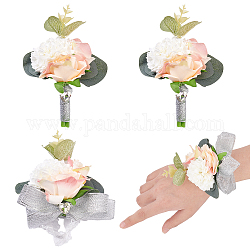 Chgcraft 4pcs corsage de poignet de ruban de soie de style 2, avec boutonnière de fleurs artificielles en tissu de soie, pour le mariage, décoration de fête, rose, 99~132x86~100x45~51mm, 2 pièces / style
