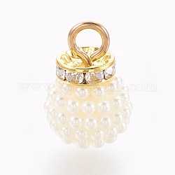 Ciondoli imitazione di perle, con risultati di strass in lega placcati oro, bianco, 22x14.5~15mm, Foro: 4 mm