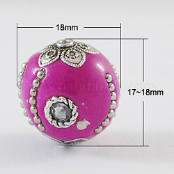 Handmade Indonesia Beads, with Alloy Cores, Round, Magenta, 18x17~18mm, Hole: 1mm
