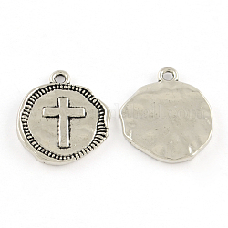 Tibetan Style Flat Round with Cross Alloy Pendants, Cadmium Free & Lead Free, Antique Silver, 22x19x2mm, Hole: 2.5mm, about 378pcs/994g