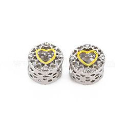Rack Plating Alloy Enamel European Beads, with Crystal Rhinestone, Large Hole Beads, Cadmium Free & Nickel Free & Lead Free, Flat Round with Heart, Platinum, Yellow, 11x9.5mm, Hole: 5mm
