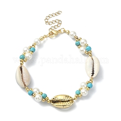 Bracciale con conchiglia naturale, perle di conchiglia e perline turchesi sintetiche, diametro interno: 7-1/2 pollice (19.1 cm)