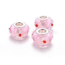 Perles européennes vernissées manuelles, perles de rondelle avec grand trou , Rondelle avec des fleurs, lampwork bosselé, en laiton de tonalité de platine noyaux doubles, rose, 15~16x9~10mm, Trou: 5mm
