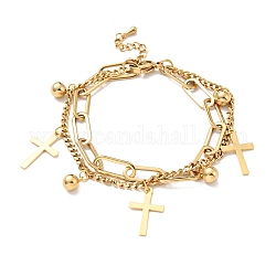 Mehrreihiges Armband mit Kreuz- und rundem Kugelanhänger, Vakuumbeschichtung 304 doppellagiges Kettenarmband aus Edelstahl für Damen, golden, 7-1/2 Zoll (19 cm)