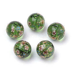 Perles en verre imprimées, ronde avec motif de fleurs, verte, 11~12x11mm, Trou: 1.5mm