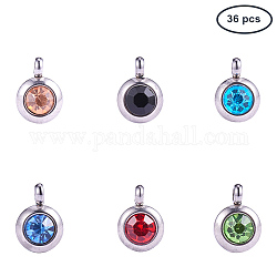 PandaHall Elite Trendy Original Color 304 Stainless Steel Grade A Rhinestone Charm Pendants, Birthstone Charms, Faceted, Flat Round, Mixed Color, 9x6.5x4mm, Hole: 2mm, 6pcs/color, 36pcs/box
